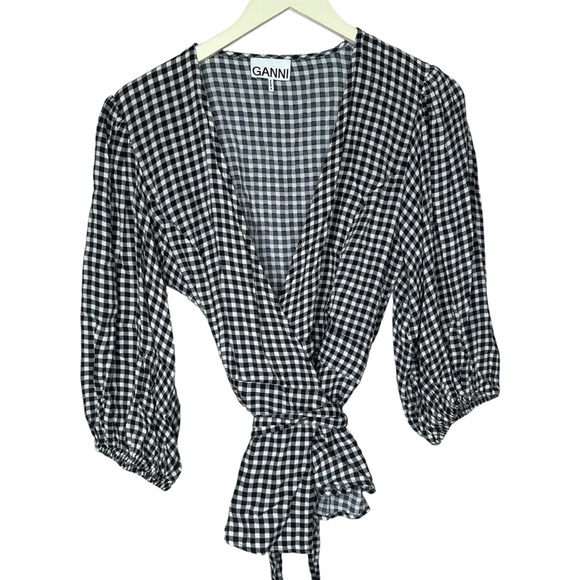 GANNI: GINGHAM WRAP-AROUND BLOUSE - Picture 3 of 5